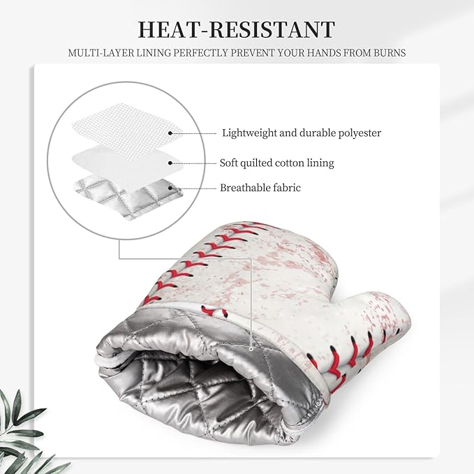 Sport Oven Mitts and Pot Holders Set of 4 Silicone Sports White and Red Baseball Laces Kitchen Mitten Gloves and Non-Slip Potholders Set Heat Resistant Oven Gloves Hot Holders for Kitchen