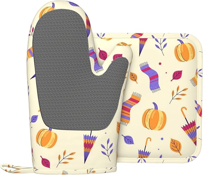 Silicone Oven Mitts and Pot Holders Sets, Home Autumn Pumpkin Heat Resistant BBQ Gloves for Kitchen Baking Cooking Grilling Microwave