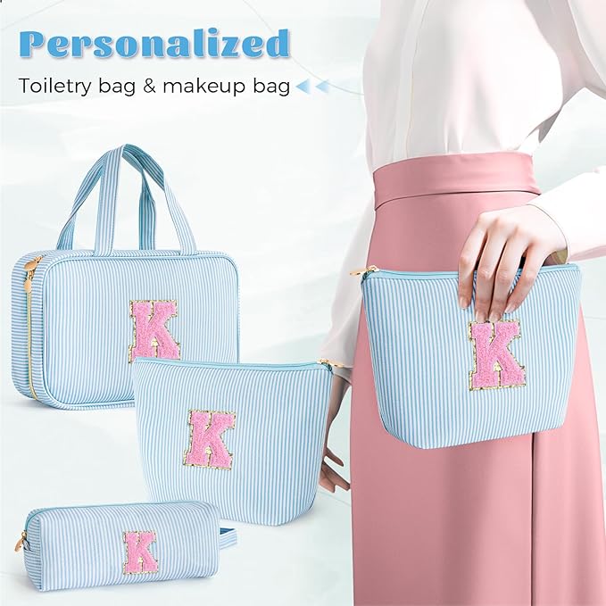 Fystdtote Toiletry Bag Makeup Bag for Girls - Personalized Cute Makeup Pouch for Girlfriend Bridesmaid Wife | Cosmetic Travel Toiletry Bag for Friend | Birthday Gift Idea for Mom - Blue K