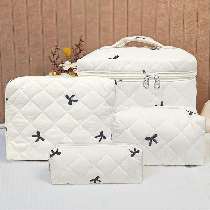 Cozomga Quilted Makeup Bag, Large Capacity Travel Cosmetic Bag for Women and Girls, Aesthetic Storage for Daily and Travel Use (4pcs-embroidered Bow)