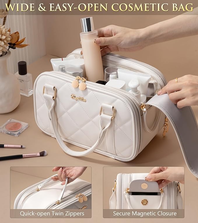 Bagstellar Travel Makeup Bag, Large Capacity Quilted Toiletry Bag for Women, Wide-open Cosmetic Bag Make Up Case Organizer Portable Pouch w/Handle & Brush Holder for Traveling Accessories Ivory White