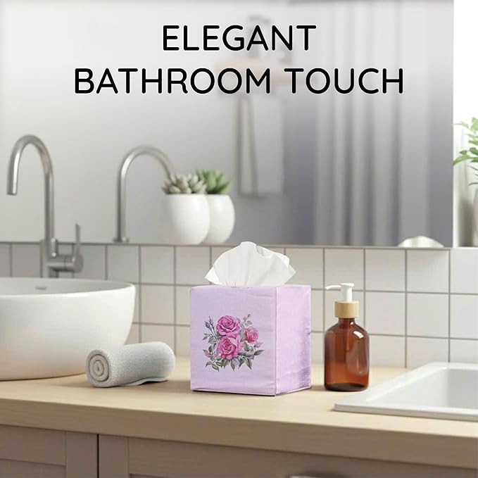 EmbroideryLinen.VN Tissue Box Cover Set of 2, Square Linen Tissue Holder, Printed Floral Design, 4.5x4.5x5.5 Inches, Decorative Holder for Bathroom, Living Room, Office (Rose)