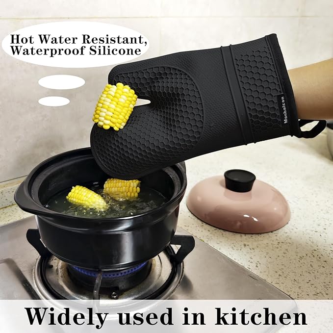 Silicone Oven Mitts Heat Resistant to 500ºF Kitchen Gloves Oven Gloves Silicone Oven Mitt Pair Oven Mitts Set Thickened Waterproof Mittens for Women Men Kitchen Home, 1 Pair (Black)