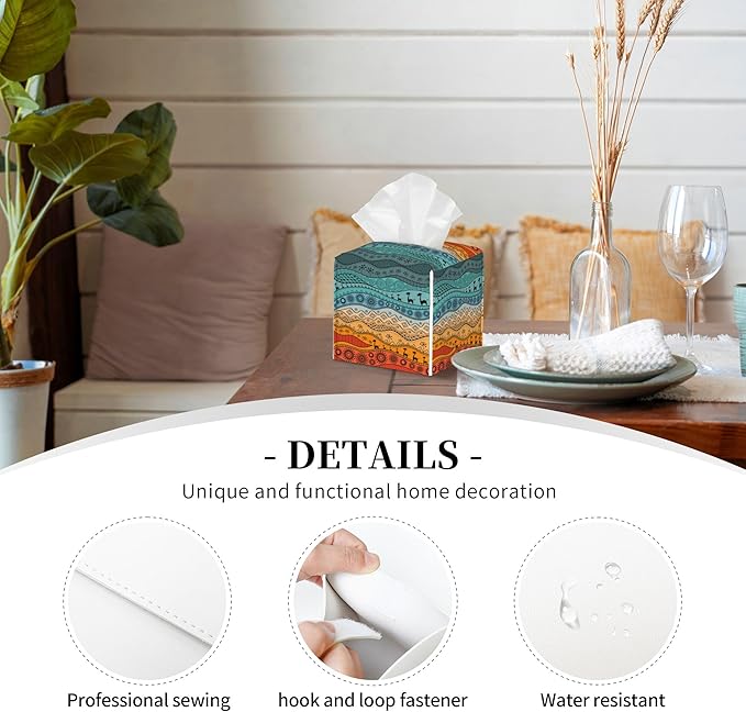 POIUBLE African Tribal Tissue Box Cover Leather Tissue Box Holder Square Facial Paper Organizer Dispenser for Bathroom Kitchen Bedroom Vanity Countertop Night Stands