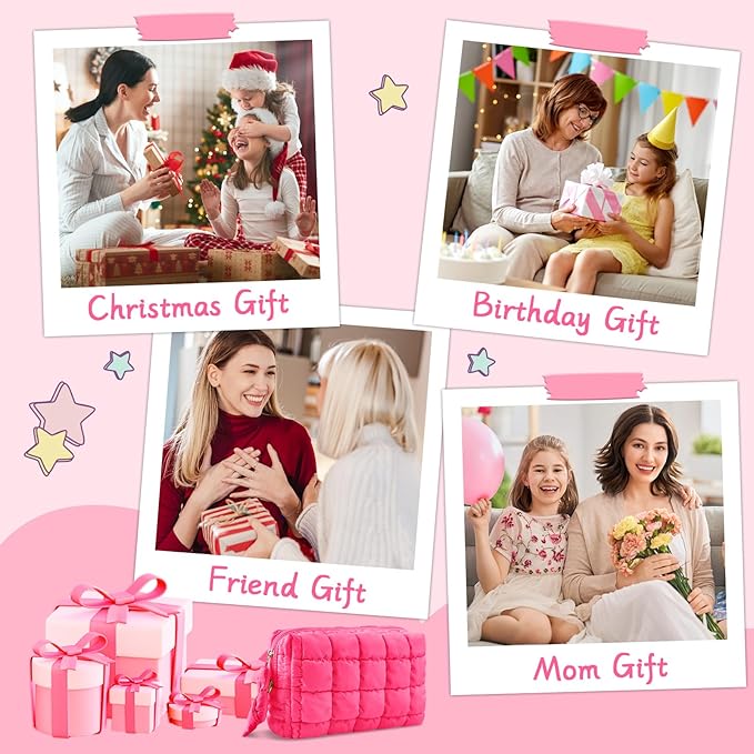 Puffer Quilted Makeup Bag Cosmetic Bags,Puffy Travel Toiletry Pouch for Women,Cute Checkered Zipper Bag Travel Essential,Portable Aesthetic Make up Organizer Bag for Gifts Work Daily(RoseRed,M)