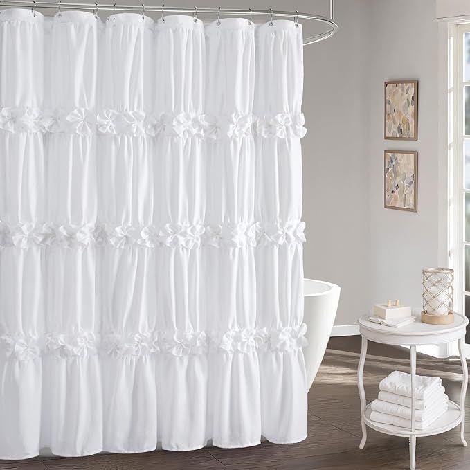 XOGUIBO Ruffle Shower Curtain with Handmade Bow Tie, White Linen Vintage Farmhouse Shower Curtain for Bathroom, 72" W x 90" H