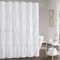 XOGUIBO Ruffle Shower Curtain with Handmade Bow Tie, White Linen Vintage Farmhouse Shower Curtain for Bathroom, 72" W x 78" H