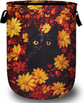 Black Cat in Flowers Laundry Basket with Sturdy Handles, Red Yellow Floral Collapsible Oxford Cloth Laundry Hamper Organizer Basket for Bathroom Bedroom 15.7x20 Inch