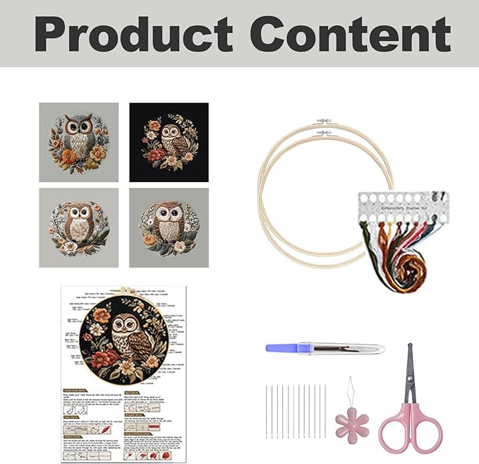 QBQBQ Owl Embroidery Kit - 8.2in, Owl Needlepoint Kits for Adults, Cross Stitch Kits for Beginners, Include Embroidery Cloth Bamboo Hoops and Step by Step Instructions, for Craft Lover Hand Stitch