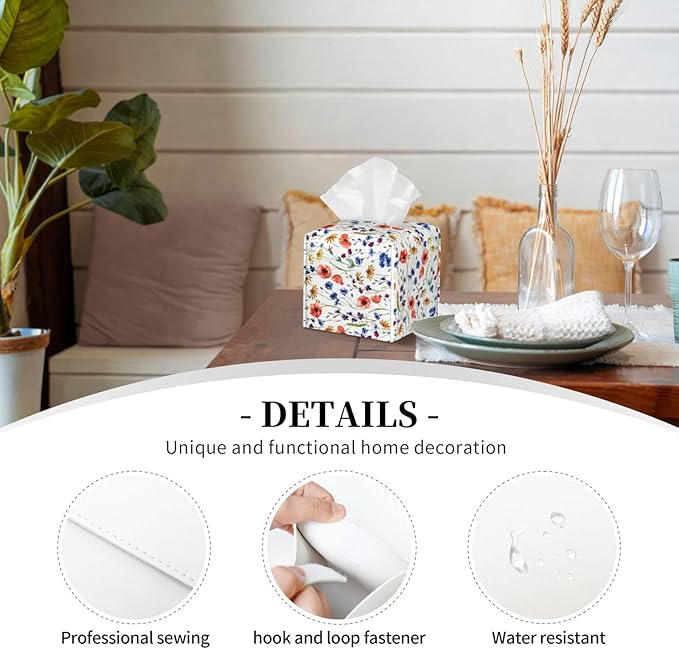 PVC Tissue Box Cover Holder,Watercolor Flower Square Decorative Organizer,5.2"X5.2"X5.2" Tissue Case for Bathroom,Tabletop,Car,Office