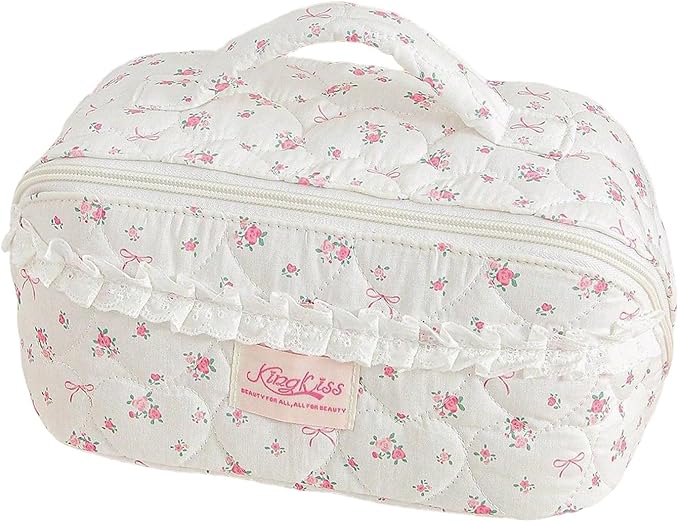 HiTotes Travel Makeup Bag Coquette Floral Cosmetic Bag Quilted Wide Open Lay Flat Toiletry Bag Cute Travel Makeup Pouch