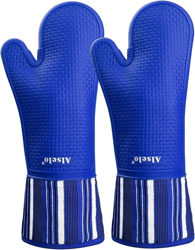Oven Mitts Heat Resistant Silicone Kitchen Gloves for 550 Degrees with Waterproof and Non-Silp, Oven Gloves for Baking Cooking Barbecue Microwave Machine Washable (Extra Long Navy, 2)