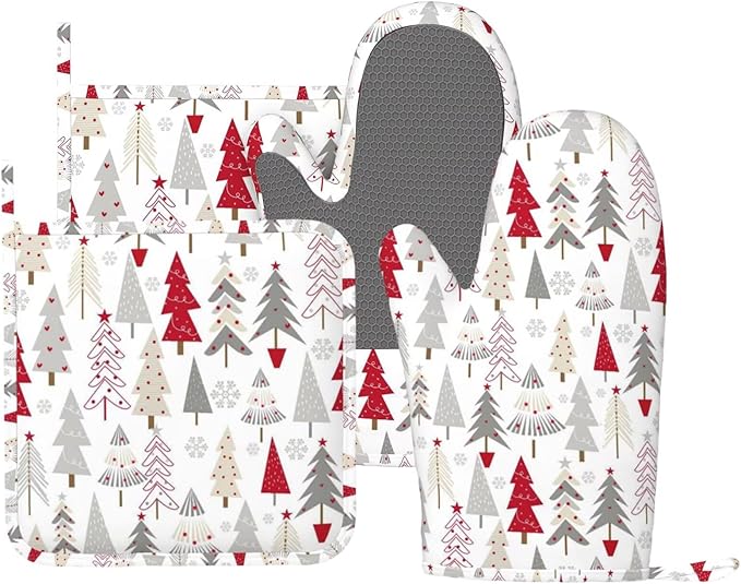 Christmas Tree Oven Mitts and Pot Holders Set, 4pcs Silicone Grey Beige Red Christmas Tree Oven Glove for Kitchen Heat Resistant Stars Snowflake Oven Mitts and Potholders Non-Slip for BBQ
