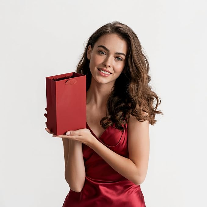 Prime Line Packaging Red Gift Bags with Handles, Mini Kraft Paper Goodie Bags for Christmas, Holiday, Treats, Wrapping, Shopping, Party Favors, Bulk, 6x3x9, 50 Pack