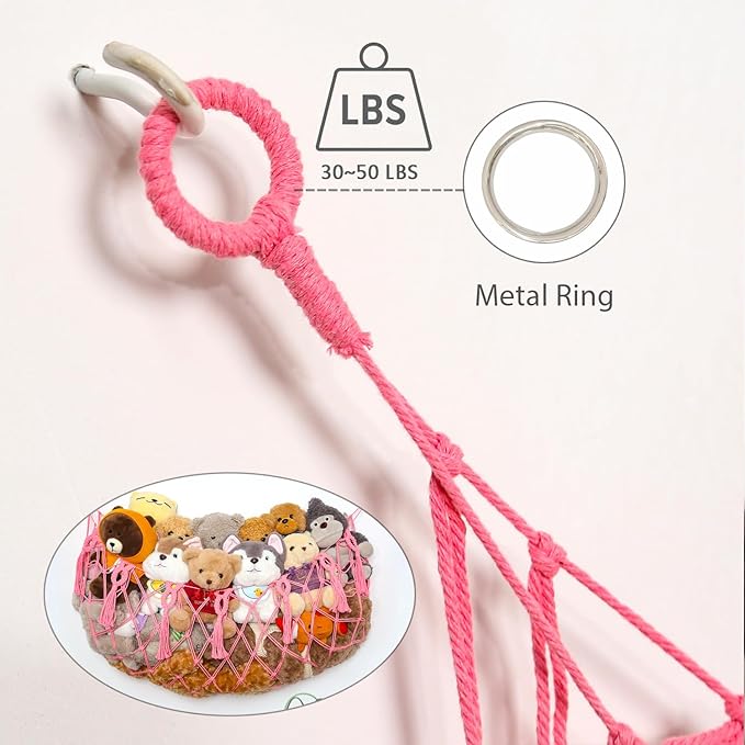 YKBU Stuffed Animal Net or Hammock Macrame Toy Diaplay Plush Toy Holder Corner Wall Hanging Net for Stuffed Animal Storage (Pink,49" W)