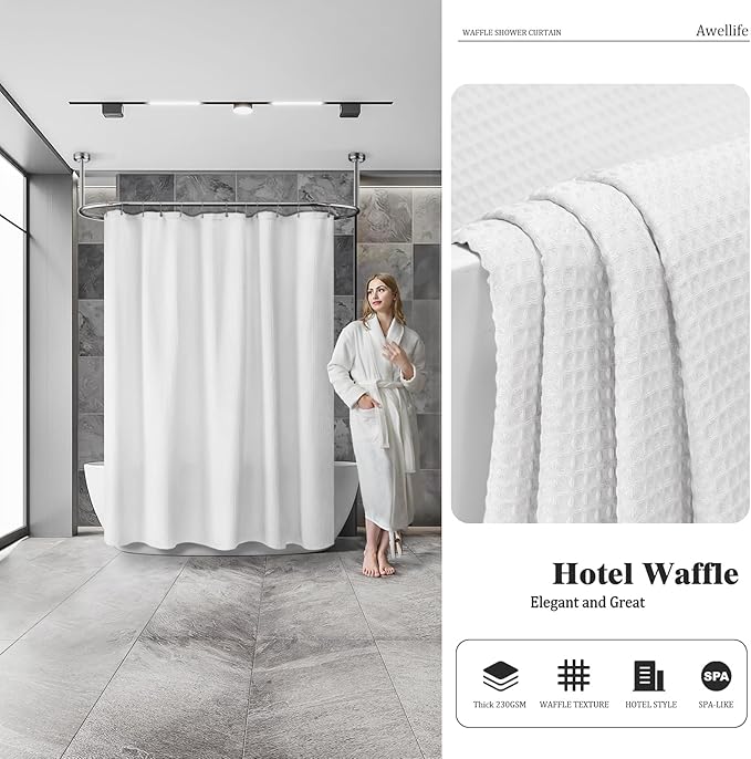 Awellife Waffle Hotel Textured White Shower Curtains for Bathroom 230 GSM Heavy Duty Fabric Liner, 72" W X 72" L Inch