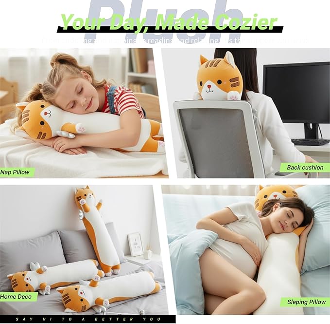 Long Cat Plush Pillow, Cute Cat Stuffed Animal Body Pillow with Wings, Soft Kawaii Kitty Hugging Pillow, Christmas Valentine's Birthday Gift for Kids Girls Boys (Yellow, 110cm/43.31in)