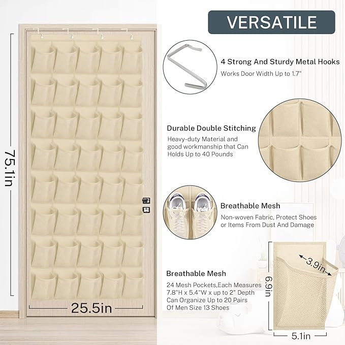 Hualleko 40-Pocket Over the Door Shoe Organizer - Large Mesh Pocket Hanging Shoe Organizer,Behind the Door Shoes Storage Holder Hanger