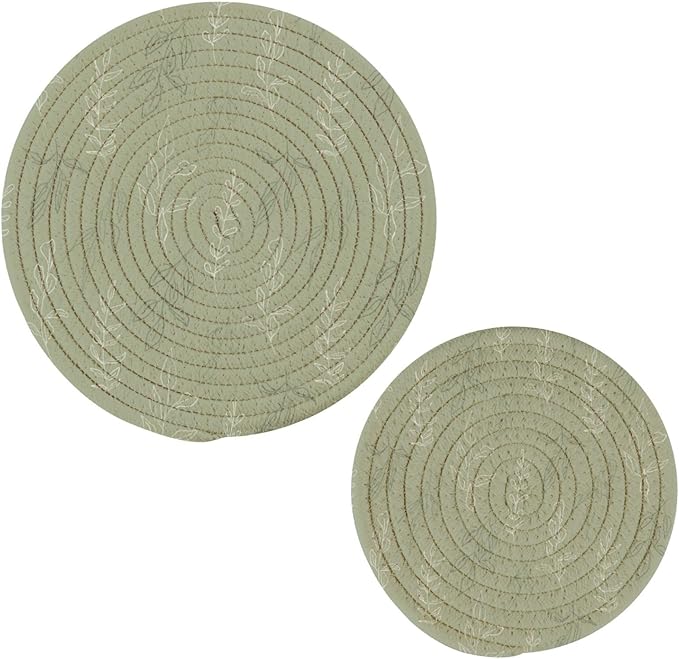 Boccsty Botanical Floral Leaves Trivet Mat 2PCS Simple Flowers Sage Green Round Woven Potholders Kitchen Table Countertop Protector Hot Pads Farmhouse Coasters Counter Mats for Cooking Baking