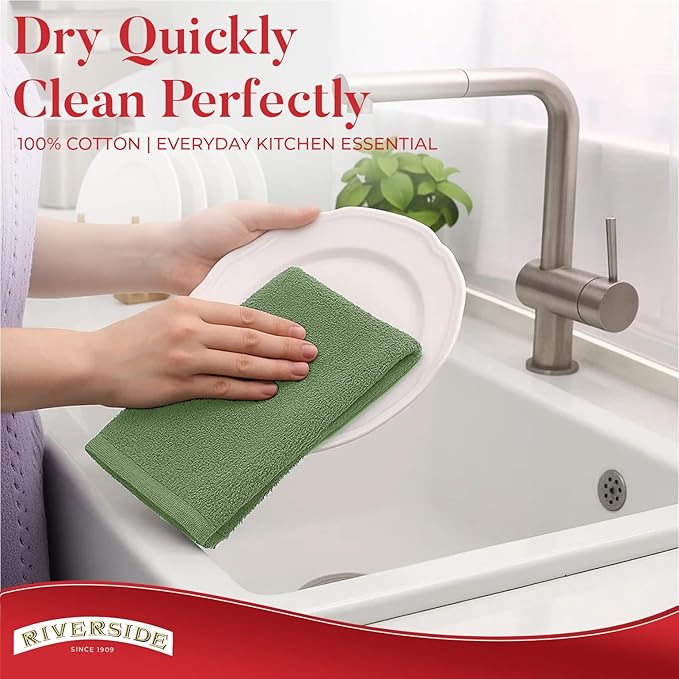 RIVERSIDE Bar Mop Towels Pack of 12, 16x19 Inches, 100% Ring Spun Cotton Terry Cloth Kitchen Towel, Highly Absorbent & Reusable Multipurpose Cleaning Rags for Bathroom, Hotel, Restaurant, Sage Green