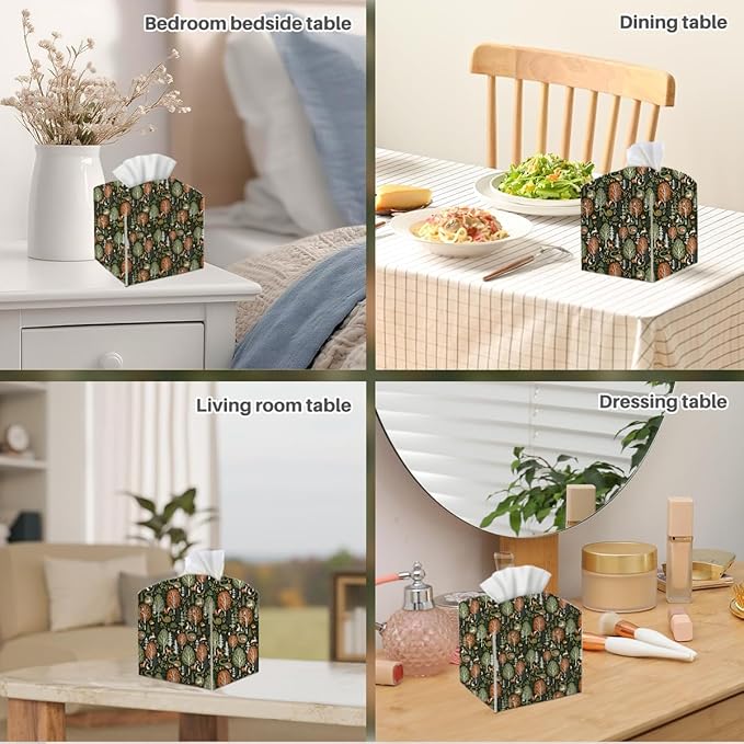 Tissue Box Cover, Tissue Box Holder, Square with Belt Bottom, PU Leather Decorative Organizer for Desk, Tabletop, Countertop Bathroom, Toilet Car, Office, Dresser Kitchen, Rabbit Deer Flower Decor