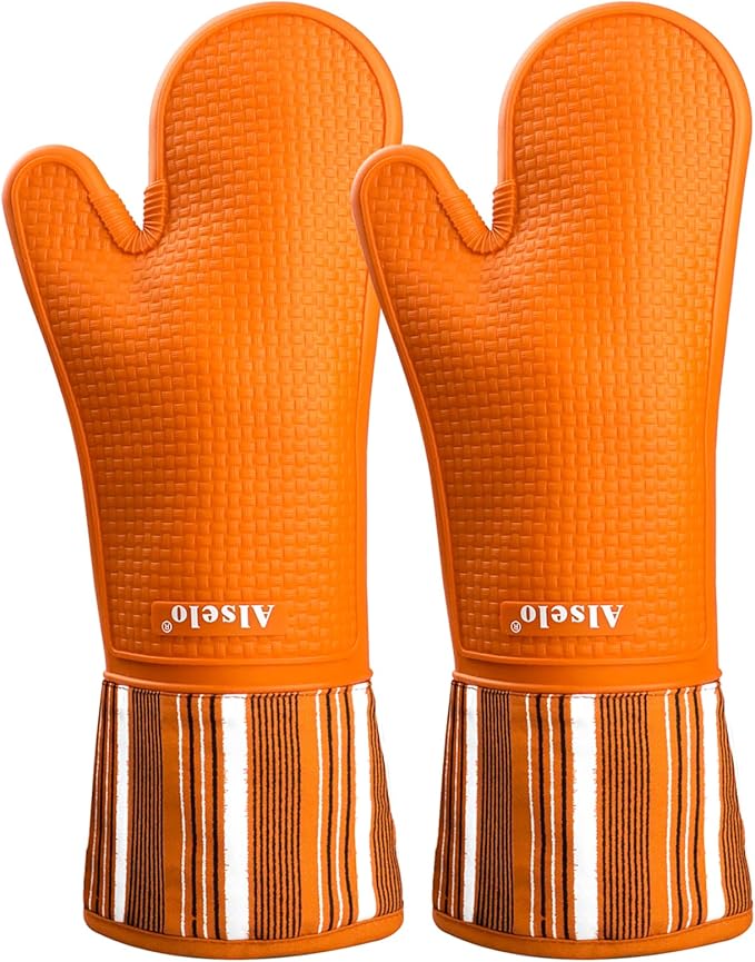 Oven Mitts Heat Resistant Silicone Kitchen Gloves for 550 Degrees with Waterproof and Non-Silp, Oven Gloves for Baking Cooking Barbecue Microwave Machine Washable (Extra Long Orange, 2)
