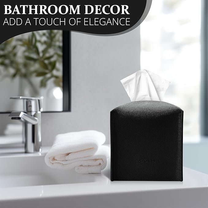 Tissue Box Cover, PU Leather Tissue Box Holder with Bottom Belt, Modern Square Tissue Box Covers with Wide Opening (Black, Woven Patterns)