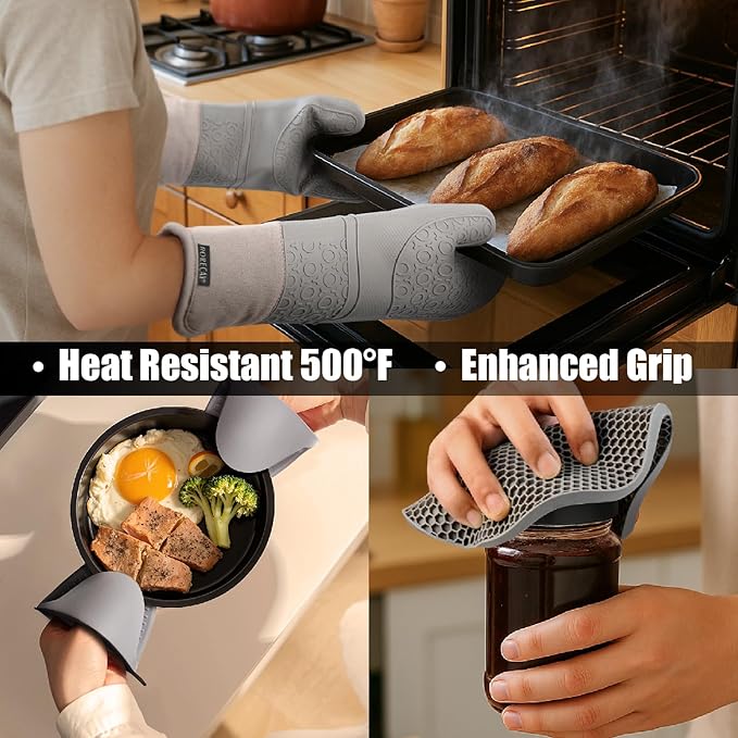 Rorecay 6pcs Oven Mitts and Pot Holders Sets for Kitchen, Extra Long Silicone Oven Gloves High Heat Resistant 500 Degrees Non-Slip Potholders Hot Pads for Baking Cooking, Grey