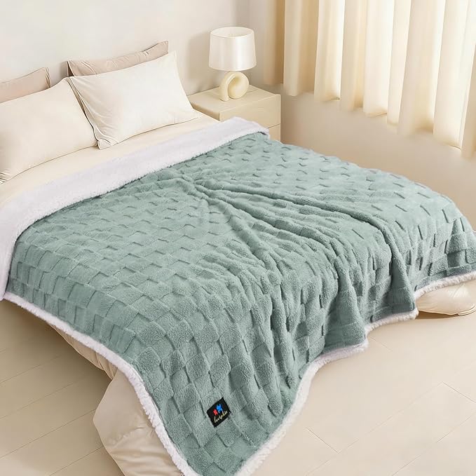 Luciphia Waterproof Dog Blanket for Large Dogs Washable Soft Sherpa Fleece Cat Blankets with 3D Jacquard Cozy Calming Reversible Bed Couch Protector Furniture Protection, Green White, 85x57 inch