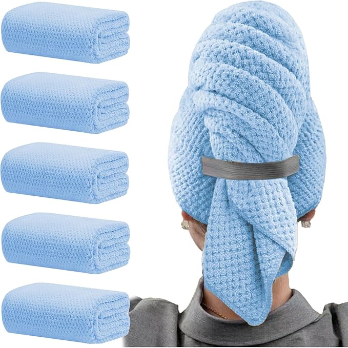 Wuwahold Microfiber Hair Towels, Waffle Hair Towel Set, Super Soft Highly Absorbent, Sturdy Quick Drying Turbans for Long, Thick, Curly Hair (5 Pack, 40" x 20")