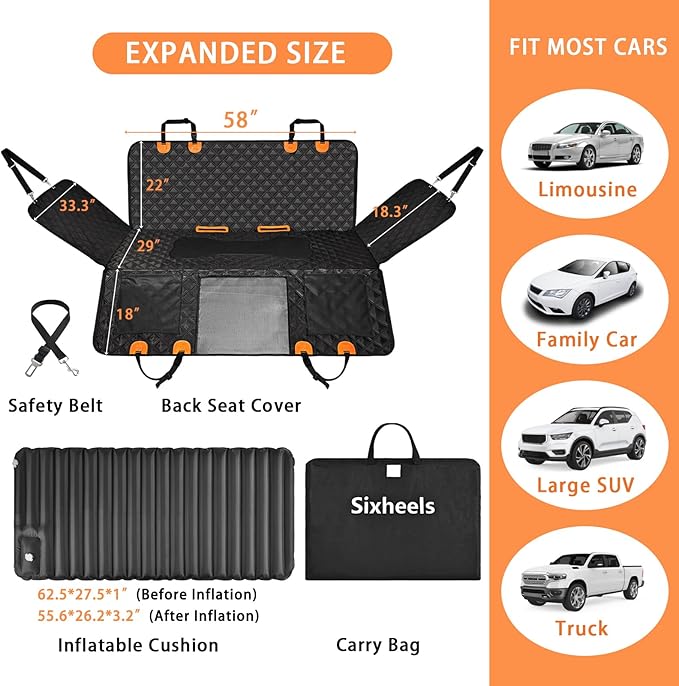 Sixheels Truck Dog Seat Cover Back Seat Protector, Large Space Backseat Extender with Soft Inflatable Cushion Comfortable Dog Hammock, Waterproof Dogs Bed Rear Travel Accessories for Truck