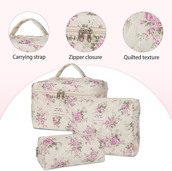 SXS LACONIC Quilted Makeup Bag,Large Cosmetics Bag Set,Cotton Coquette Floral Make up Pouch,Travel Toiletry Bag for Women