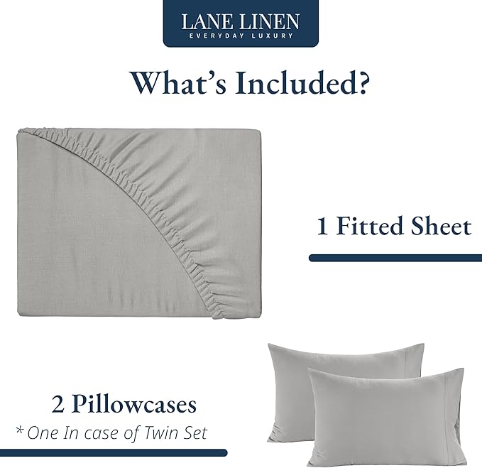 LANE LINEN 100% Organic Cotton Fitted Sheet Full Size, 3Pc Set (1 Fitted Sheet, 2 Pillowcases), Percale Weave, Full Bed Fitted Sheets, Breathable, Fits Mattress Upto 15' Deep - Silver(No Flat Sheet)