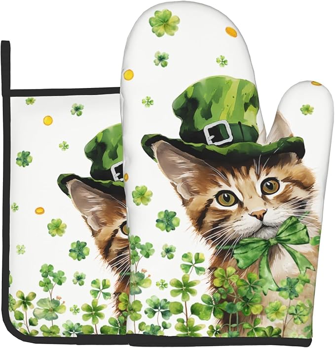 Shamrock Green Leaf Oven Gloves and Pot Holders 2PCS Sets Cute Cat Kitchen Baking Accessories Spring Clovers Heat Resistant Oven Mitts Hot Pads for Cooking BBQ Decorative Kitchen Gift