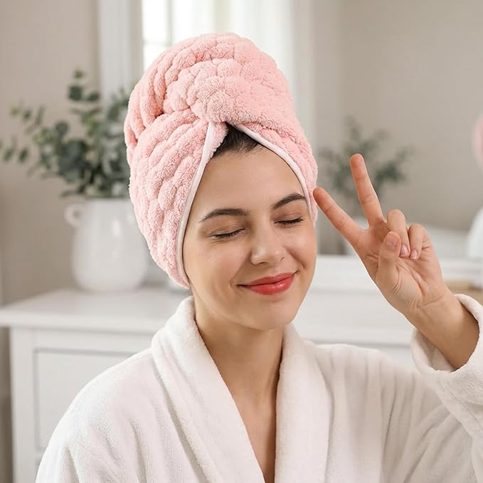 REDKISS 2 Pack Microfiber Hair Towels - Extra Large Hair Towel Wrap for Women, 24x42 inch Pink Hair Towels with Elastic Strap, Super Soft Grey Hair Drying for Long, Curly Anti Frizz Turbans