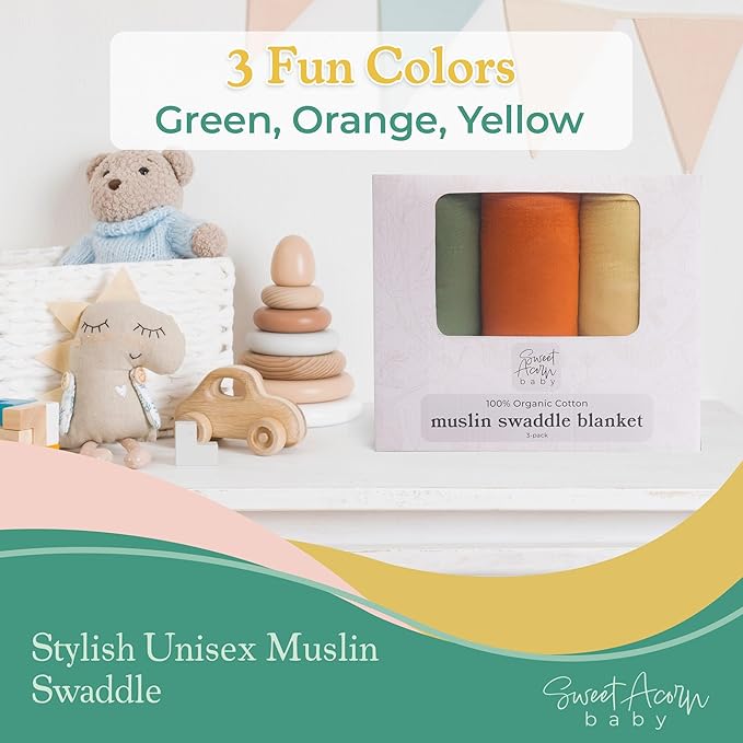 Sweet Acorn Muslin Swaddle Blanket – Soft Cotton Muslin Baby Blanket for Newborns, Infants, and Toddlers, All-Season Comfort Baby Essential - Green, Orange, Yellow