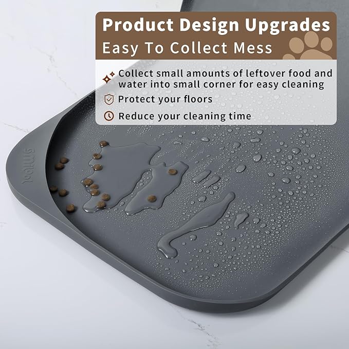 Smilool Silicone Pet Food Mat with Raised Edge for Food and Water Bowl, Dog Feeding Mats, Cat Food Trays for Floor Waterproof, Rubber Tray for Dogs and Cats, 24 x 16 x 0.8 Dark Gray