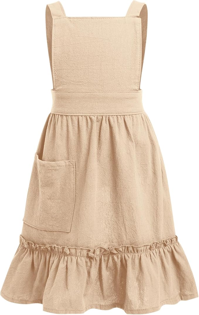 OBEEII Kids Aprons for Cooking Cotton Linen Children Baking Kitchen Gardening Painting Apron Pinafore Dress with Pockets