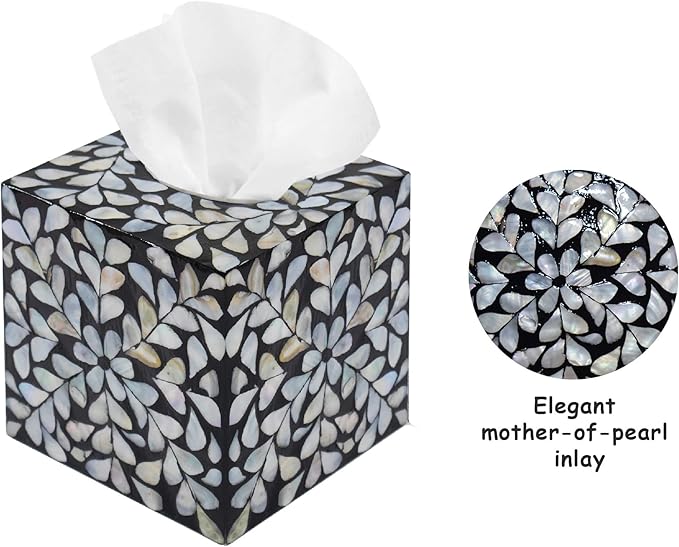 PEMAR Handcrafted Wooden Tissue Box Cover for Small Cube Tissue Boxes Only (Max Inner Size 4.7”) – Mother of Pearl Inlay Decorative Tissue Holder for Bathroom, Living Room & Office (White Vines)