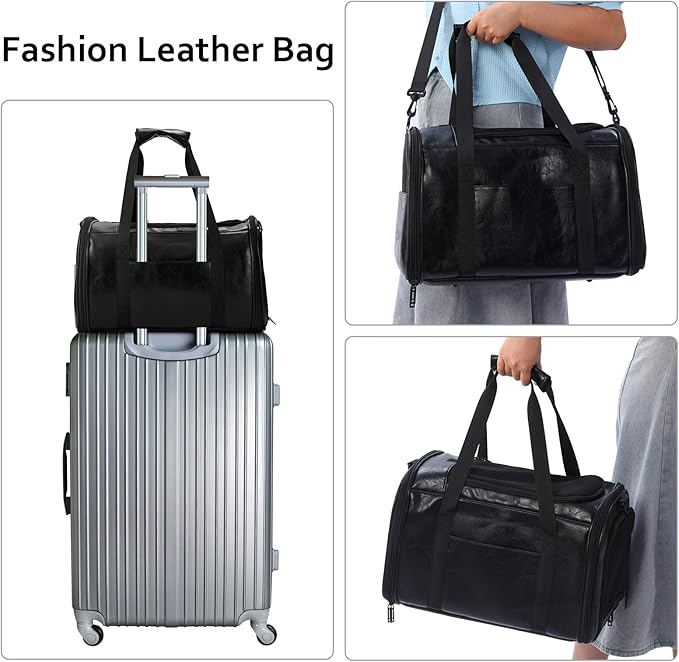 Lasaviin Fashion Leather Dog Carrier Cat Carrier Airline Approved Pet Carrier for Small Medium Dogs Cats Under 15Lbs, Collapsible Soft Sided Travel Puppy Carrier
