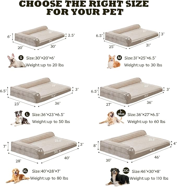 WINDRACING Orthopedic Dog Beds for Medium Dogs, Waterproof Egg Foam Dog Sofa Bed with L Bolster Sides, Washable Medium Pet Bed with Removable Cover & Non-Slip Bottom, 36 x 23 inch, Beige