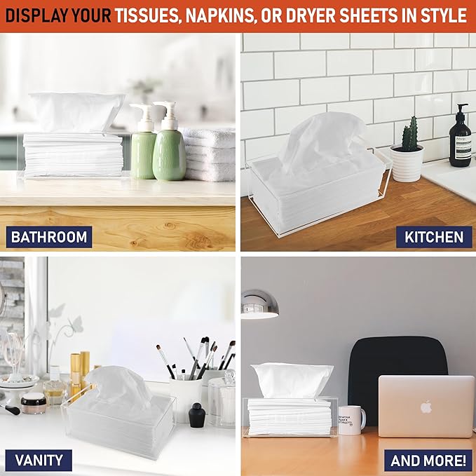 Acrylic Tissue Box Holder, Clear Dispenser for Facial Tissues, Napkins, and Dryer Sheets. Perfect for Bathrooms, Desks, Countertops, Vanities, Bedrooms, and Nightstands (Rectangle, Clear)