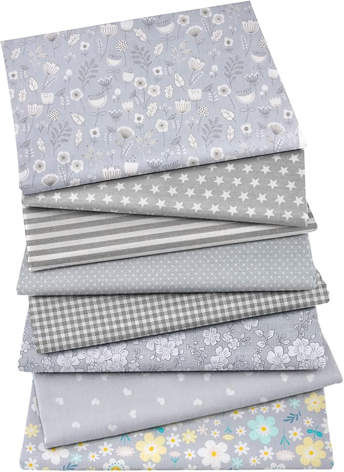 Aubliss 8pcs Fat Quarter Fabric Bundles 100% Cotton 20'' x 20''Quilting Cotton Craft Fabric Pre-Cut Squares Sheets for Patchwork Sewing Quilting Crafting(Grey Flower)