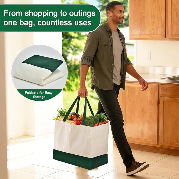 CNaiyunpin Reusable Grocery Bags Heavy Duty, 8.3 gal Foldable Large Canvas Tote Bag with Handles, Holds 60 lbs Canvas Shopping Bags, 1 Pack（Retro Green）