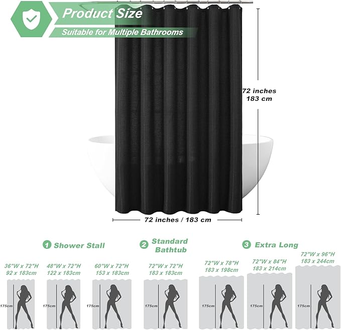 meioro Black Shower Curtain, Waffle Weave 256GSM Heavy Duty Textured Fabric Shower Curtains for Bathroom Hotel Spa, Luxury Weighted Polyester Cloth Bath Curtain Set with 12 Hooks, 48Wx72H
