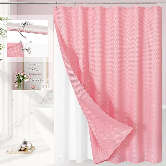 Craidlela 3 in 1 Long Pink Shower Curtain Set-72 W x 78 H, Modern Waffle and PEVA Liner Set with 12 Stainless Steel Hooks, Waterproof Fabric for Bathroom