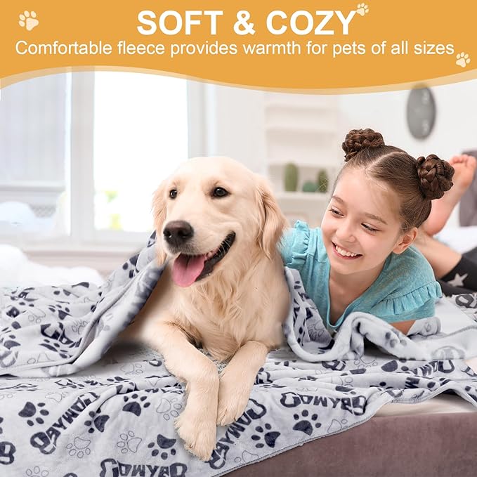 Gowyeg Dog Blankets for Large Dogs Upgraded, Dog Cat Flannel Blankets Washable, Cute Bone Paw Print Blanket for Bed Cover, Couch, Crate, 80x60 inch