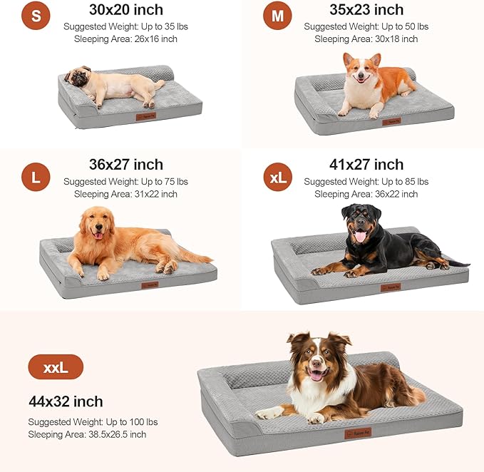 Rainmr Orthopedic Dog Beds for Large Dogs, Memory Foam Dog Beds Large Sized Dogs, Washable Removable Cover, Nonskid Bottom, Waterproof, for Indoor, Outdoor, Crate ＆ Car Use, 41x27x6 Inches, Light Grey