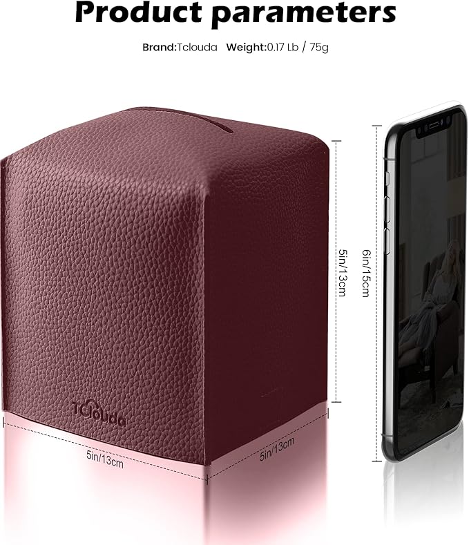 Tclouda Tissue Box Cover for PU Leather, Modern Simple Solid Color Holder Square Tissue Bag, Ideal for Bathrooms,Office,Car,Nightstand,Outdoor Tent,Dining Table,5"X5"X5", Single Wine