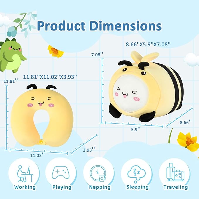 stocaggio Kids Travel Pillow - 2-in-1 Deformable Kids Neck Pillow for Traveling, Soft U-Shaped Pillow with Adorable Animal Design, Comfy Sleep and Play, Ideal for Airplane Traveling - Yellow Bee